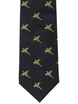 Pheasants flying gold on navy Tie