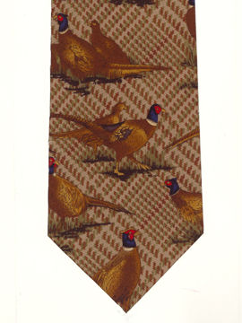 Pheasants on dark brown tartan silk
